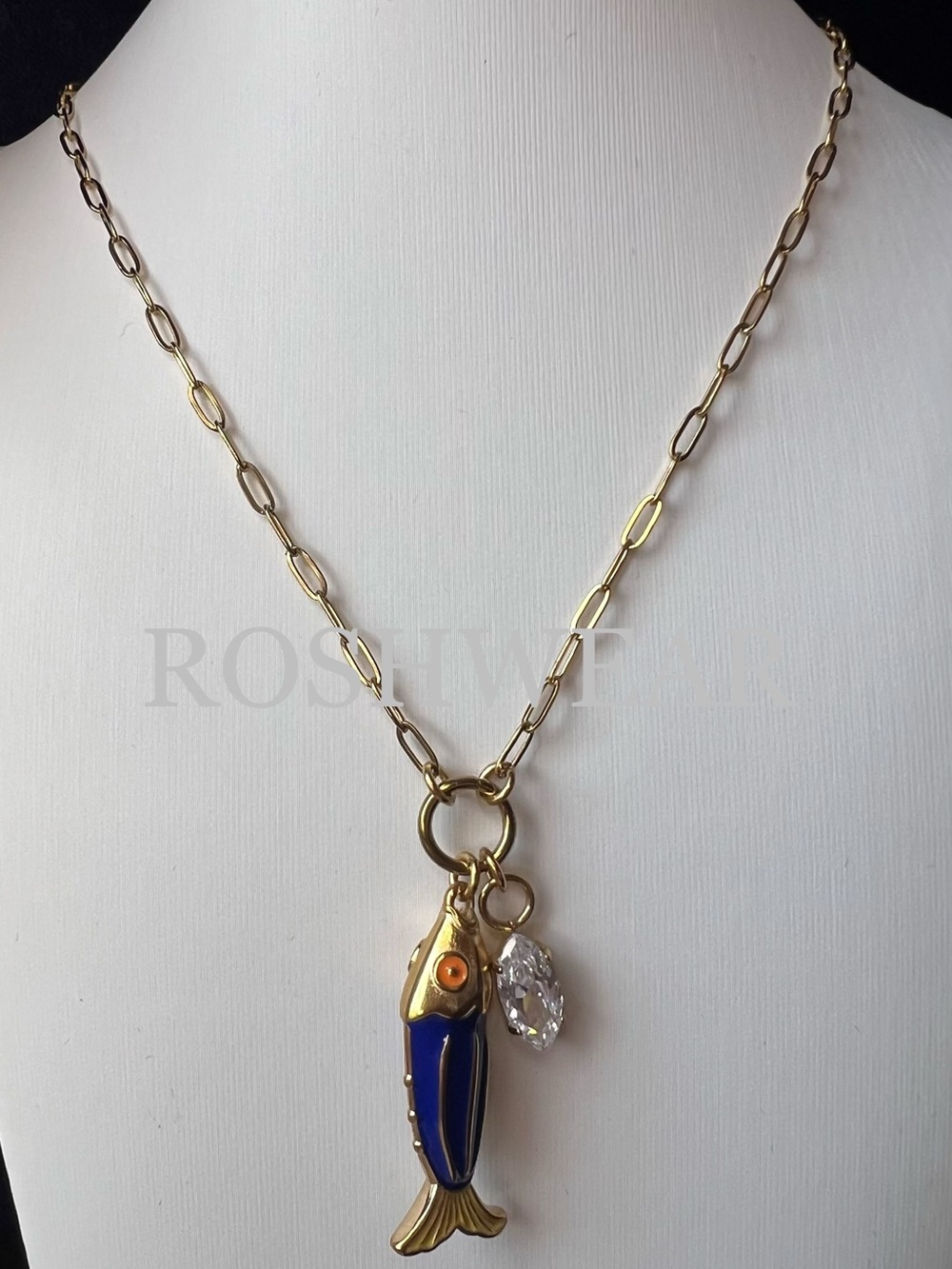 Gold-Tone Blue Fish Pendant Necklace with Marquise CZ  NWOT